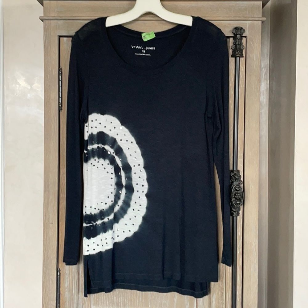 Tribal jeans long sleeve black embellished shirt tie dye size XS